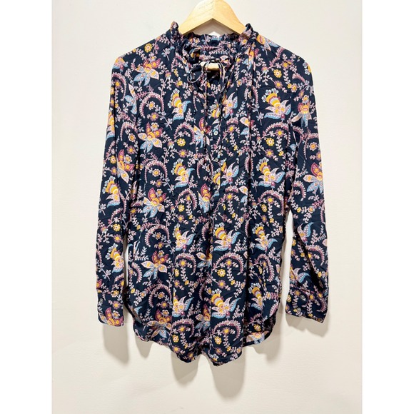 LOFT Tops - LOFT Navy Blue Floral Paisley Ruffle Neck Tie Front Blouse Long Sleeve Small